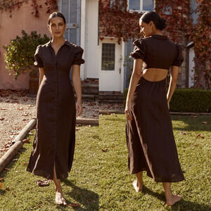 DISSH | Chocolate Brown Elain Linen Button Front Open Back Midi Dress AU 8 US 4